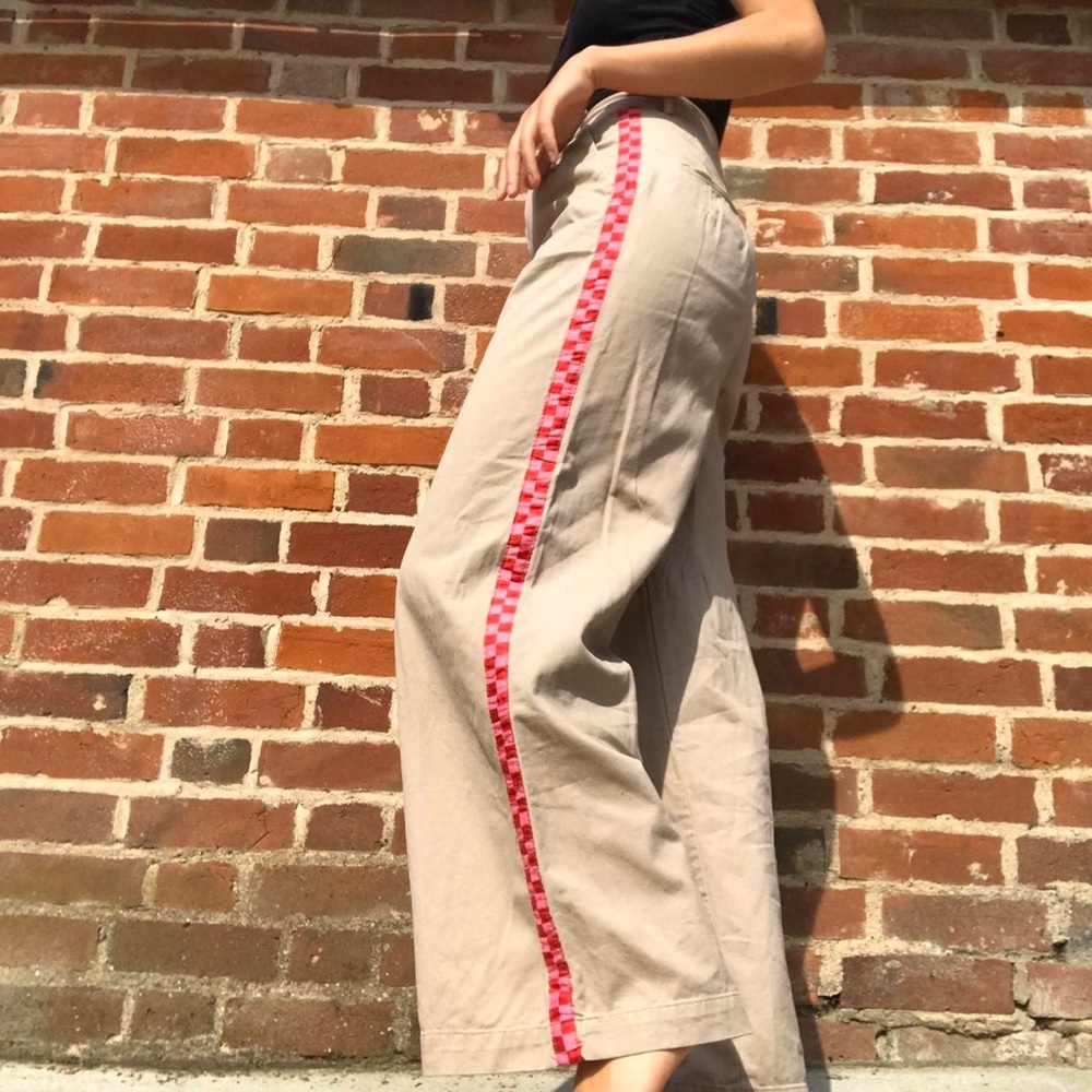 Lazy Oaf Checkered Stripe Wide Leg Khaki Track Pants Trousers size 24 - Picture 2 of 13